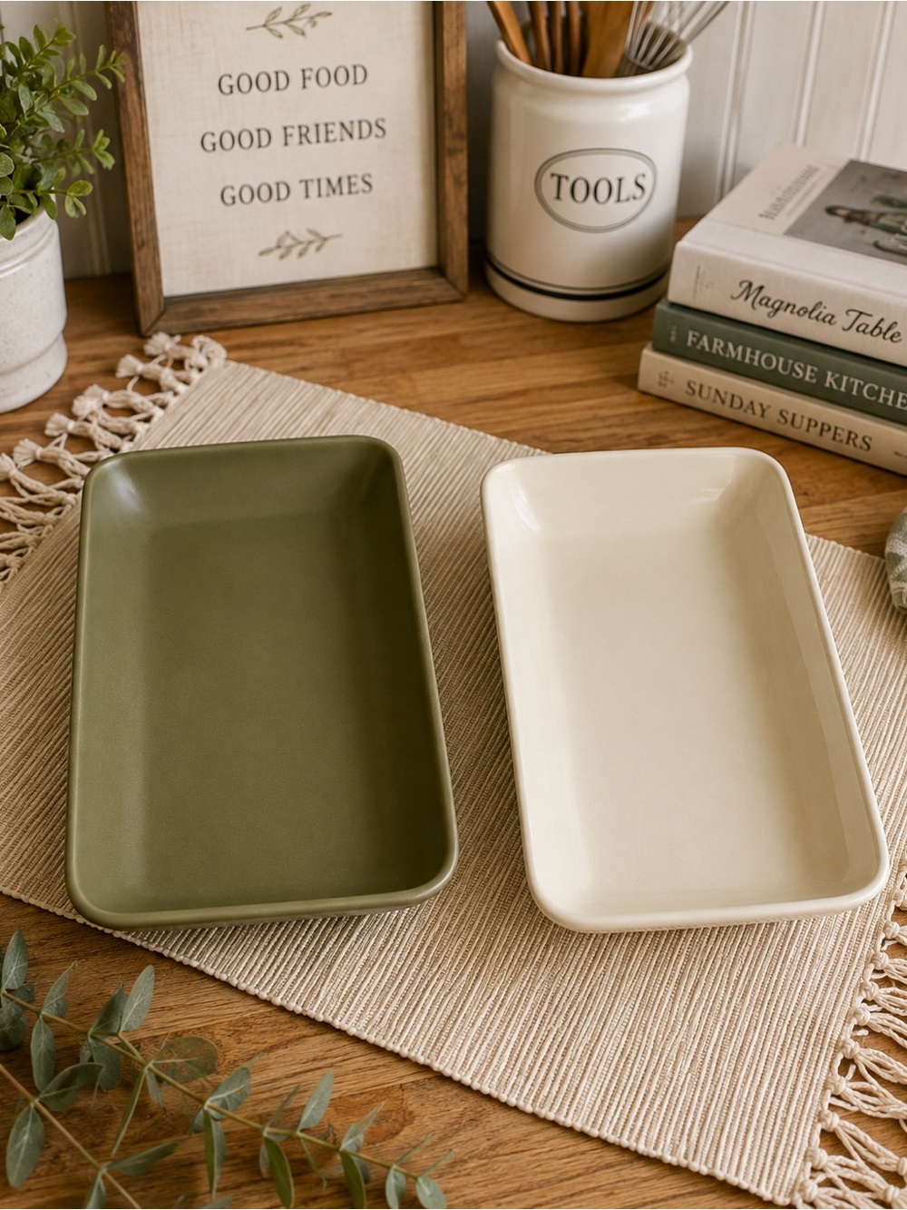 Two-Piece Ceramic Baking Dishes in Olive Green and Cream